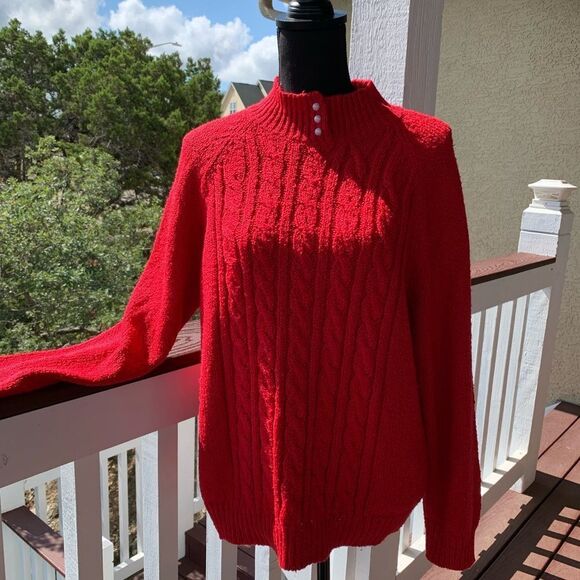 Karen Scott Red Cable Knit Pearl Detail Sweater - Picture 4 of 12